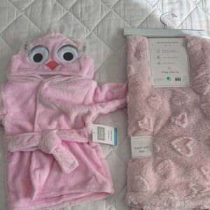 Pink Owl Kids bathrobe and blanket set 0-9months